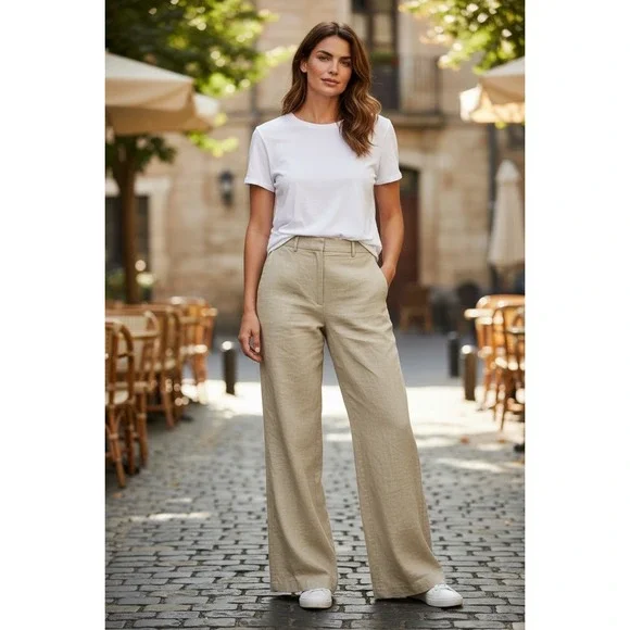 OGL Tan Viscose-Linen Weave European Linen Mid Rise Flared Pant Size - Picture 1 of 9